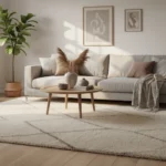 Alltid ett bra val att välja ullmattor yxigt skandinaviskt vardagsrum som badar i eftermiddagssol. Fokus ligger på en stor, tjock gräddfärgad ullmatta med naturlig textur som täcker ett varmt trägolv, intill en bekväm tygsoffa och gröna växter.